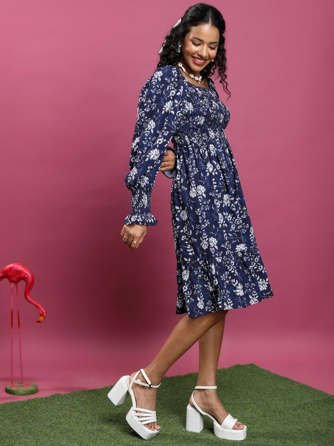 Tokyo Talkies Women Navy Printed A-Line Dress - Navy Blue - Image 6