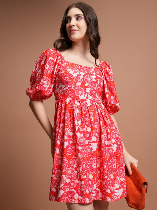 Tokyo Talkies Women Red Printed Fit And Flare Dress - Red - Image 1