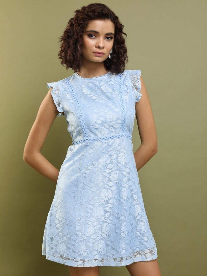 Tokyo Talkies Women Blue Self Design Fit And Flare Dress - Blue - Image 6