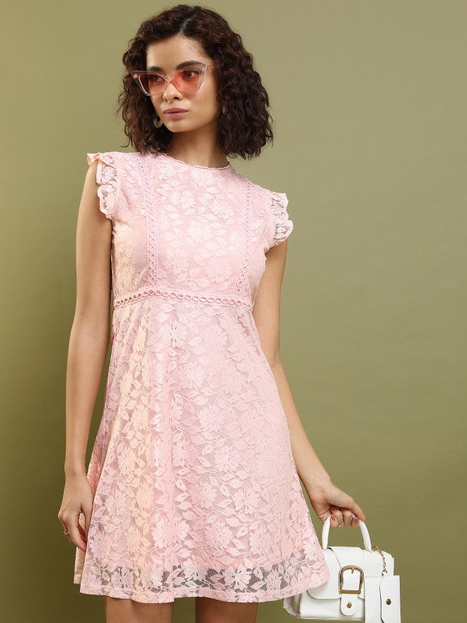 Tokyo Talkies Women Pink Self Design Fit And Flare Dress - Pink - Image 1