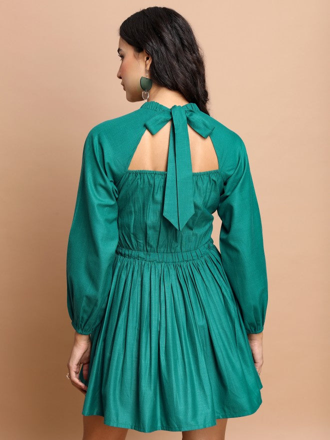 Tokyo Talkies Women Teal Solid A-Line Dress - Teal - Image 3