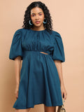 Tokyo Talkies Women Blue Solid Fit And Flare Dress - Blue - Image 1