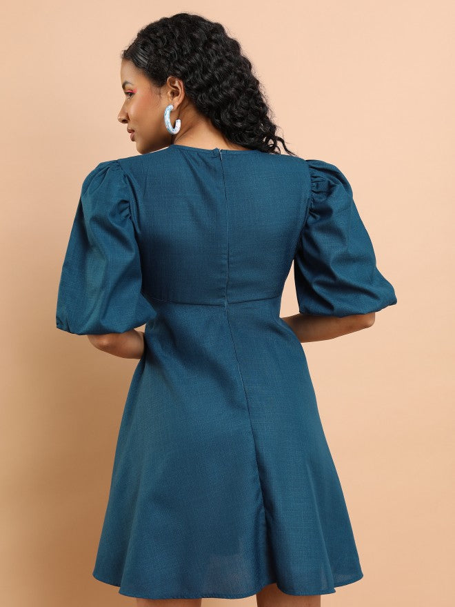 Tokyo Talkies Women Blue Solid Fit And Flare Dress - Blue - Image 3