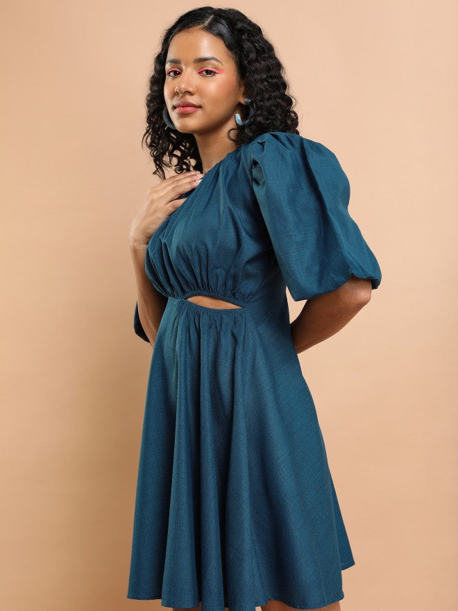 Tokyo Talkies Women Blue Solid Fit And Flare Dress - Blue - Image 4