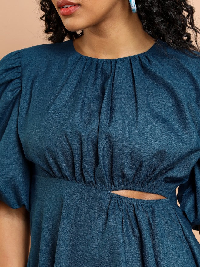 Tokyo Talkies Women Blue Solid Fit And Flare Dress - Blue - Image 5