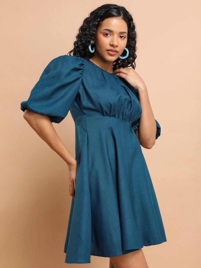 Tokyo Talkies Women Blue Solid Fit And Flare Dress - Blue - Image 6