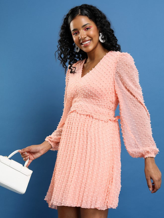 Tokyo Talkies Women Pink Self Design Fit And Flare Dress - Pink - Image 1