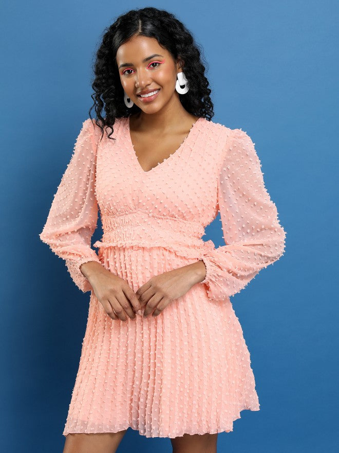 Tokyo Talkies Women Pink Self Design Fit And Flare Dress - Pink - Image 4