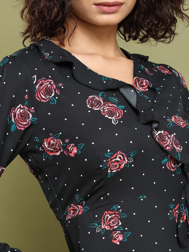 Tokyo Talkies Women Black Printed Fit And Flare Dress - Black - Image 5