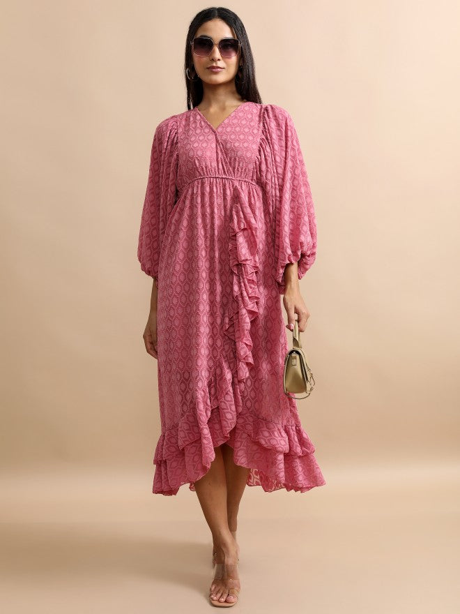 Tokyo Talkies Women Rose Self Design Wrap Dress - Rose - Image 1