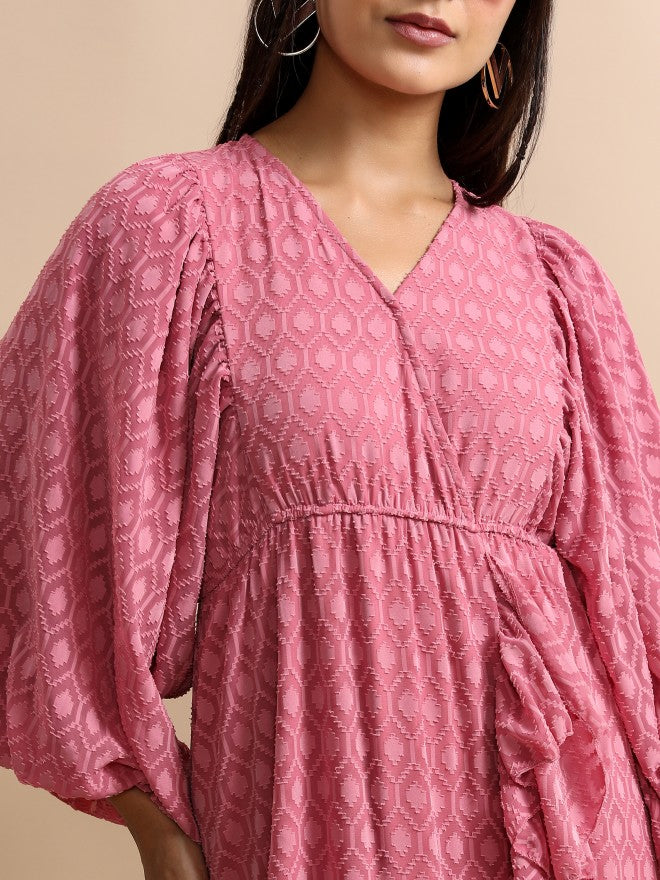 Tokyo Talkies Women Rose Self Design Wrap Dress - Rose - Image 4