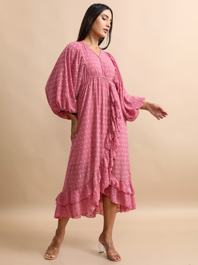 Tokyo Talkies Women Rose Self Design Wrap Dress - Rose - Image 5