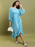Tokyo Talkies Women Blue Self Design Wrap Dress - Blue - Image 1