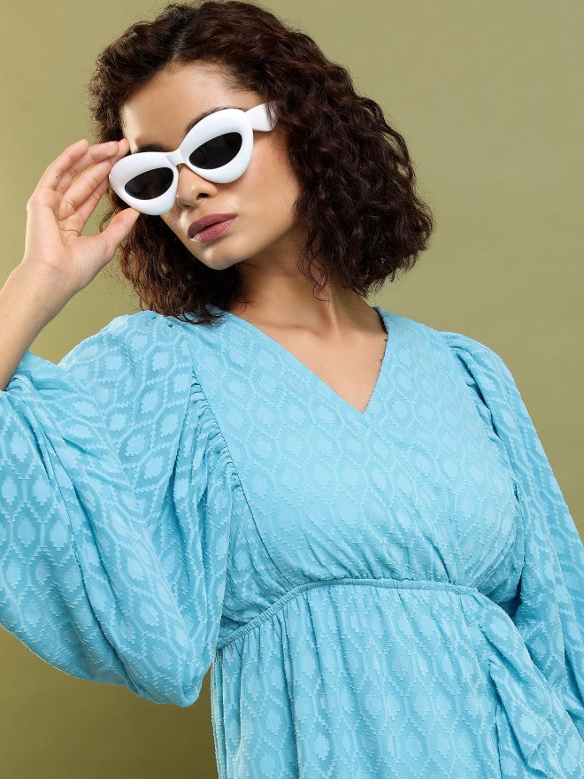 Tokyo Talkies Women Blue Self Design Wrap Dress - Blue - Image 2