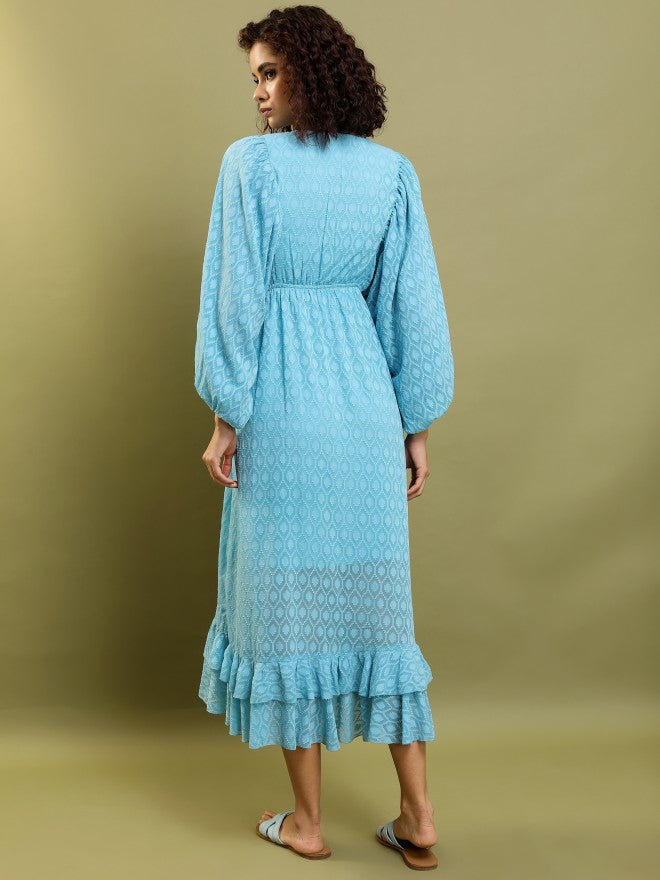 Tokyo Talkies Women Blue Self Design Wrap Dress - Blue - Image 3