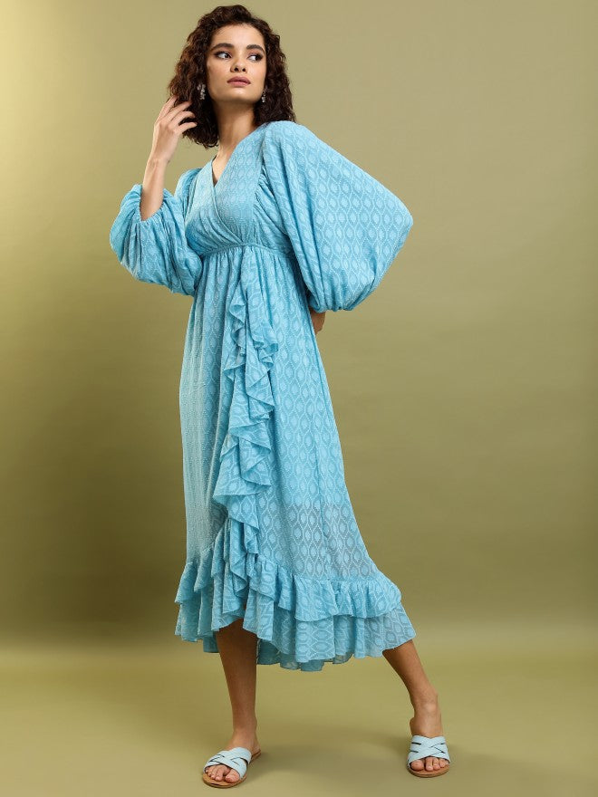 Tokyo Talkies Women Blue Self Design Wrap Dress - Blue - Image 4