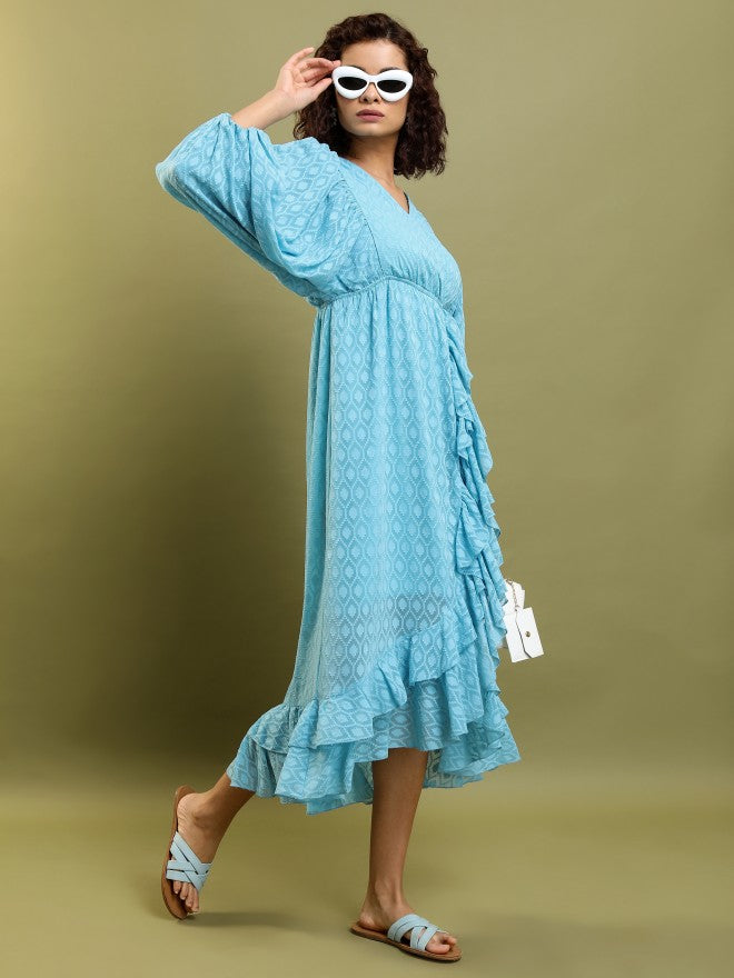 Tokyo Talkies Women Blue Self Design Wrap Dress - Blue - Image 6
