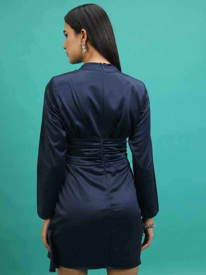 Tokyo Talkies Women Navy Blue Solid Fit And Flare Dress - Navy Blue - Image 3