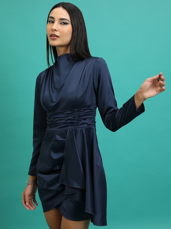 Tokyo Talkies Women Navy Blue Solid Fit And Flare Dress - Navy Blue - Image 4