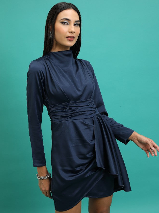 Tokyo Talkies Women Navy Blue Solid Fit And Flare Dress - Navy Blue - Image 6