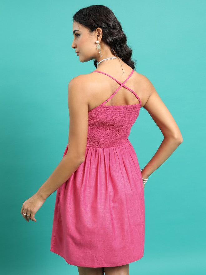 Tokyo Talkies Women Pink Solid Fit And Flare Dress - Pink - Image 3