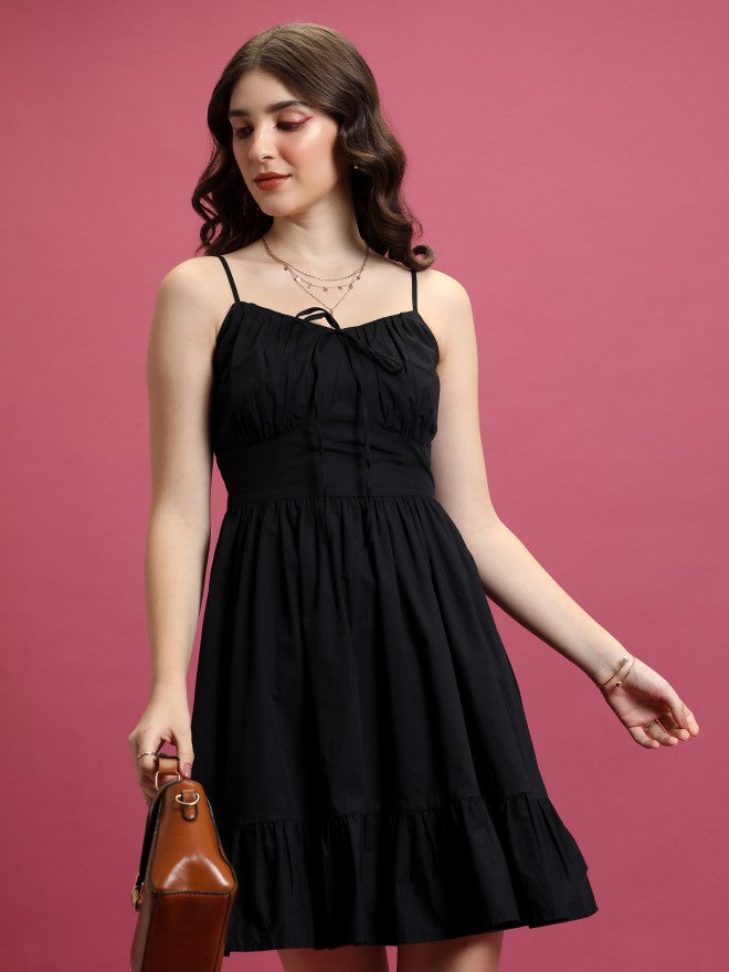 Tokyo Talkies Women Black Solid Fit And Flare Dress - Black - Image 1