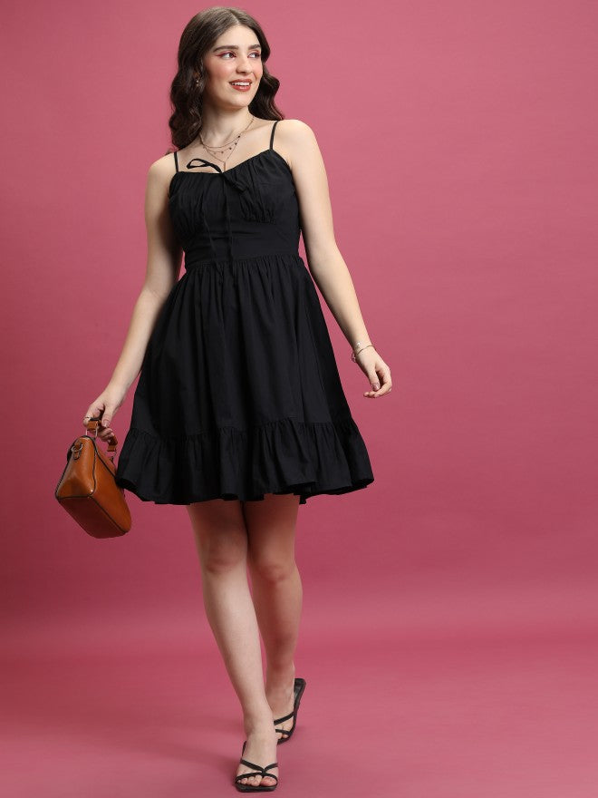 Tokyo Talkies Women Black Solid Fit And Flare Dress - Black - Image 2