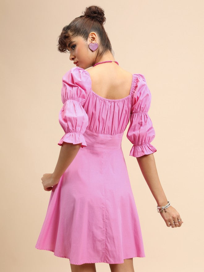 Tokyo Talkies Women Pink Solid Fit And Flare Dress - Pink - Image 3