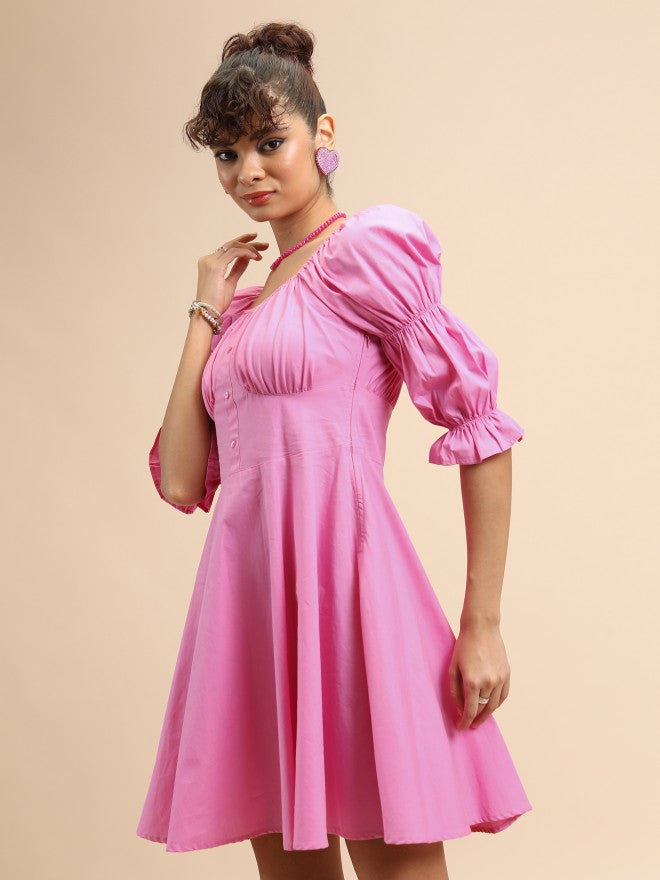 Tokyo Talkies Women Pink Solid Fit And Flare Dress - Pink - Image 4