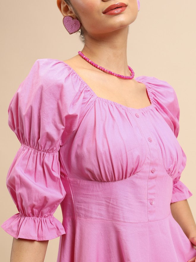 Tokyo Talkies Women Pink Solid Fit And Flare Dress - Pink - Image 5