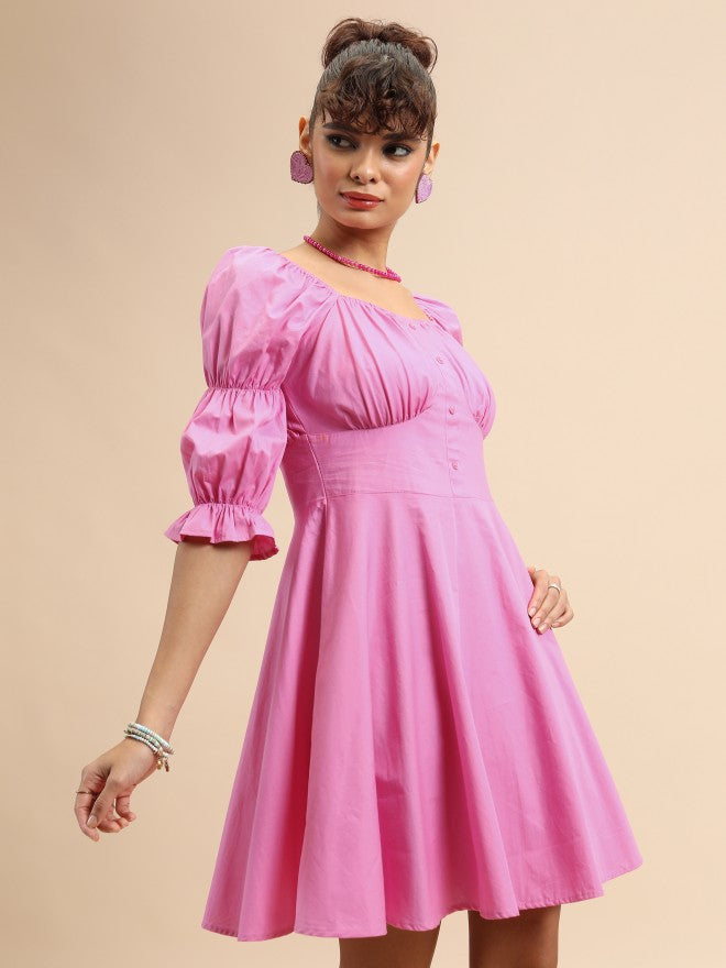 Tokyo Talkies Women Pink Solid Fit And Flare Dress - Pink - Image 6