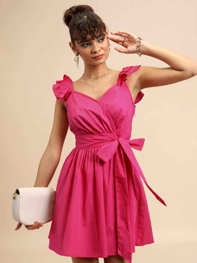 Tokyo Talkies Women Pink Solid Wrap Dress - Pink - Image 1
