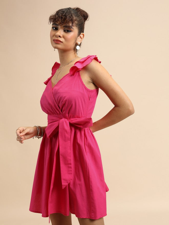 Tokyo Talkies Women Pink Solid Wrap Dress - Pink - Image 4