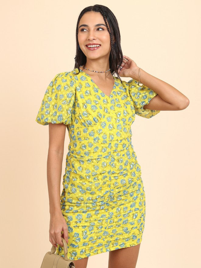 Tokyo Talkies Women Yellow/Blue Printed Bodycon Dress - Yellow - Image 1