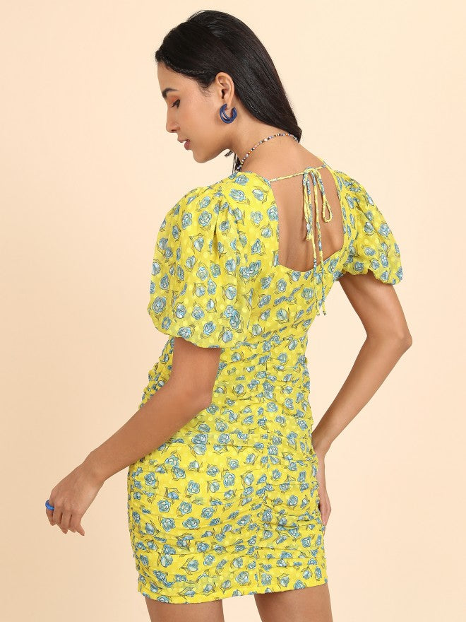 Tokyo Talkies Women Yellow/Blue Printed Bodycon Dress - Yellow - Image 3