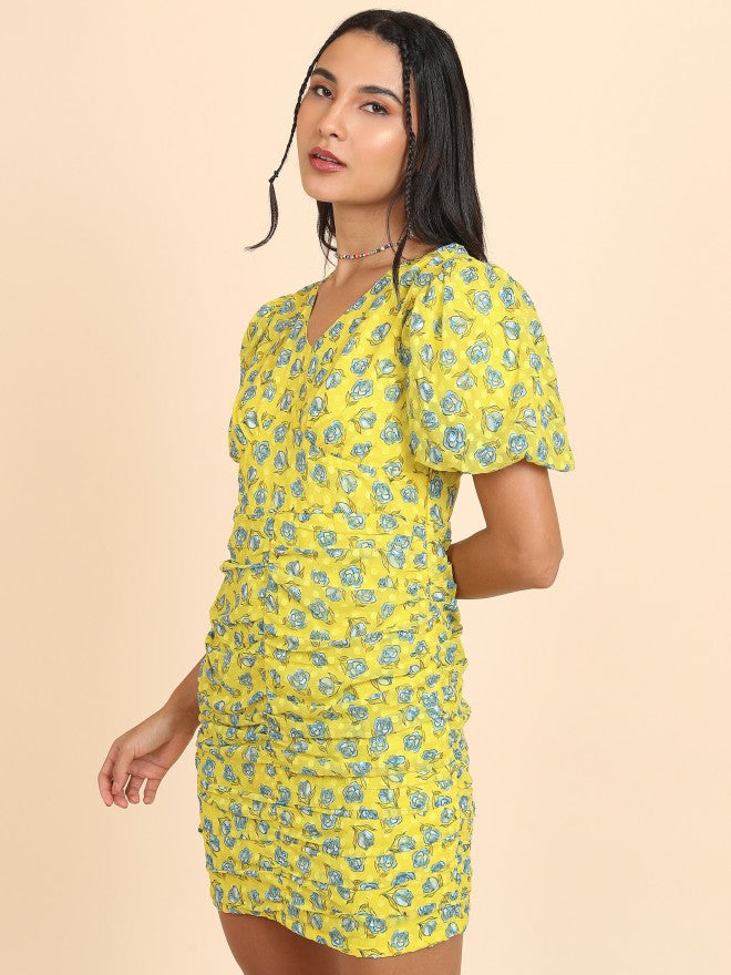 Tokyo Talkies Women Yellow/Blue Printed Bodycon Dress - Yellow - Image 4