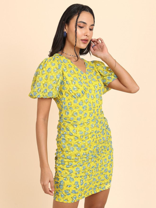 Tokyo Talkies Women Yellow/Blue Printed Bodycon Dress - Yellow - Image 6