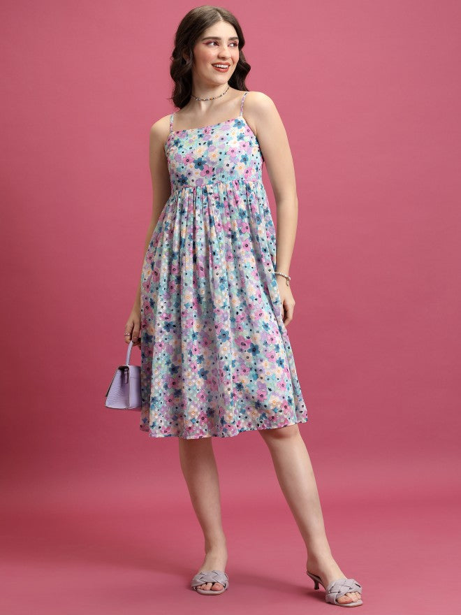 Tokyo Talkies Women Blue Printed A-Line Dress - Blue - Image 1