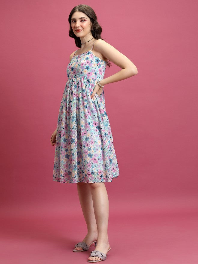 Tokyo Talkies Women Blue Printed A-Line Dress - Blue - Image 2