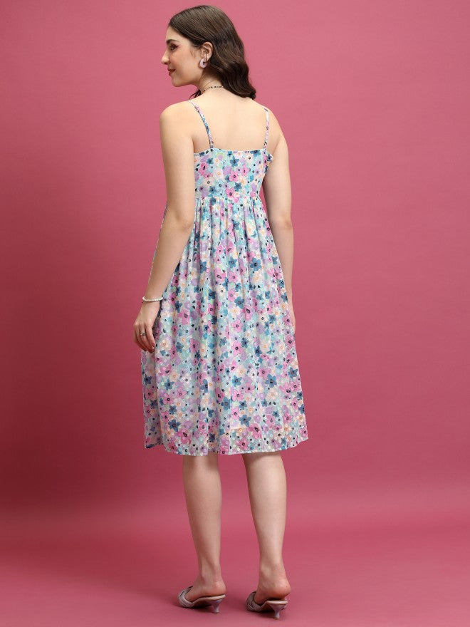 Tokyo Talkies Women Blue Printed A-Line Dress - Blue - Image 3