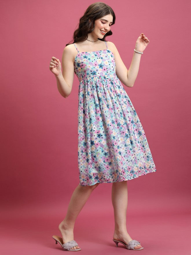 Tokyo Talkies Women Blue Printed A-Line Dress - Blue - Image 4