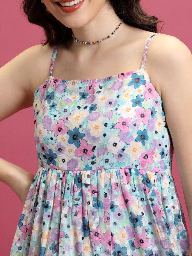 Tokyo Talkies Women Blue Printed A-Line Dress - Blue - Image 5