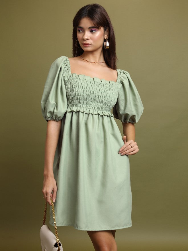 Tokyo Talkies Women Green Solid A-Line Dress - Green - Image 1
