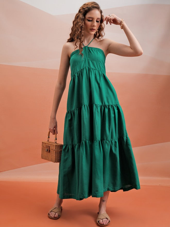 Tokyo Talkies Women Green Solid A-Line Dress - Green - Image 1