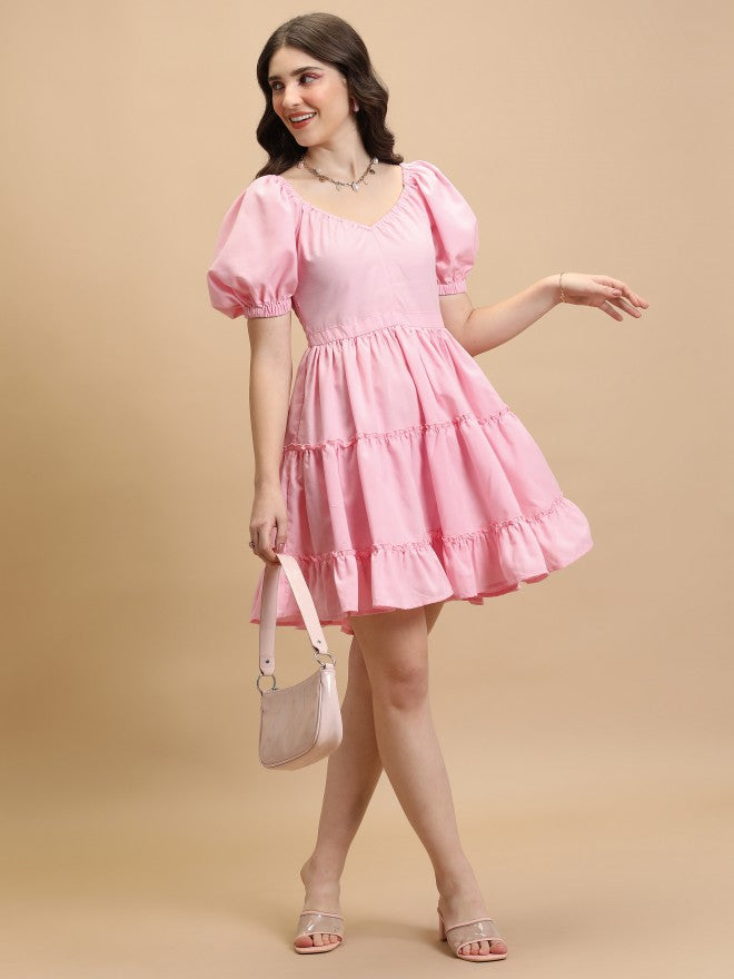 Tokyo Talkies Women Rose Solid Fit And Flare Dress - Rose - Image 2
