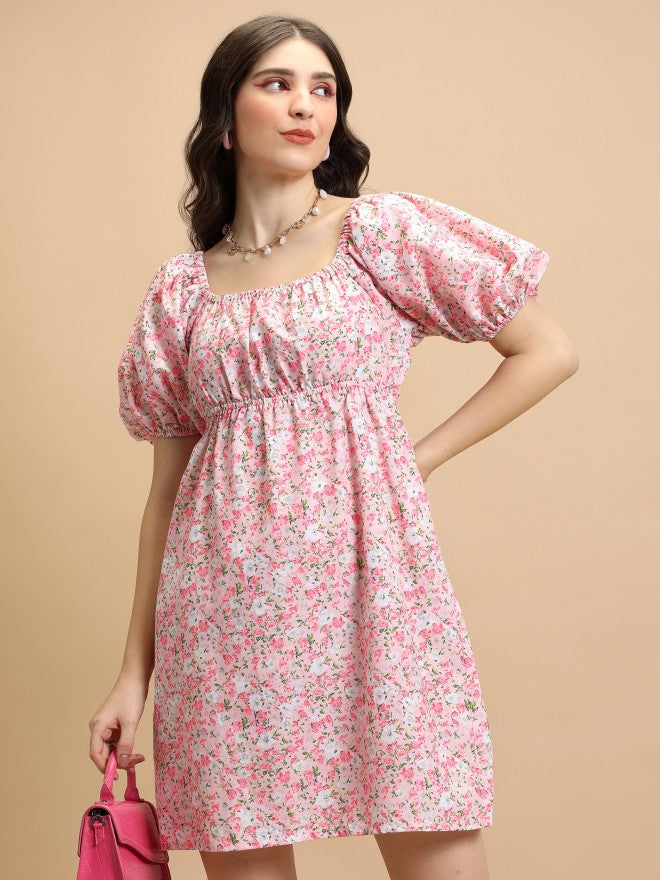 Tokyo Talkies Women Pink Printed Fit And Flare Dress - Pink - Image 1