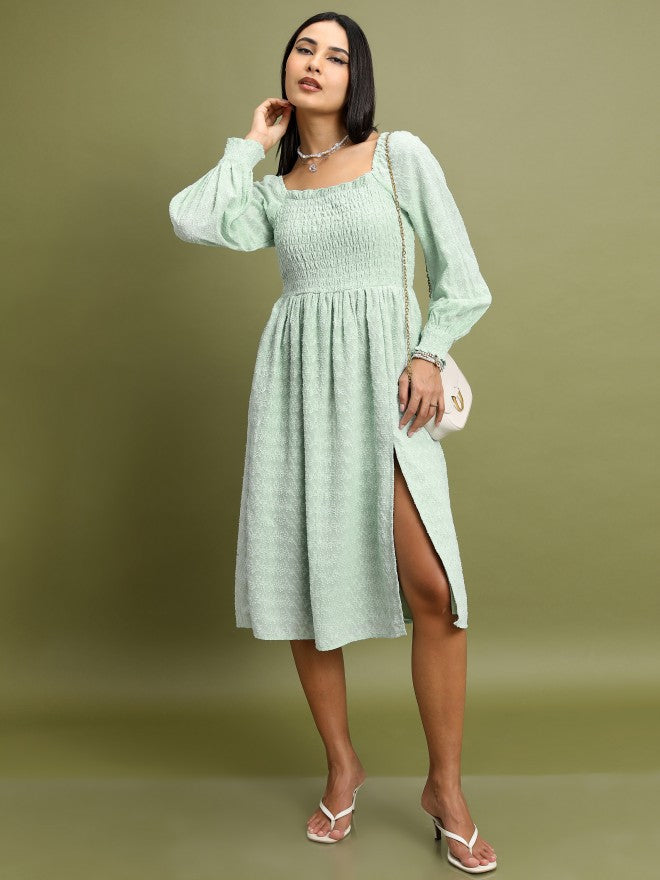 Tokyo Talkies Women Green Self Design Fit And Flare Dress - Green - Image 1