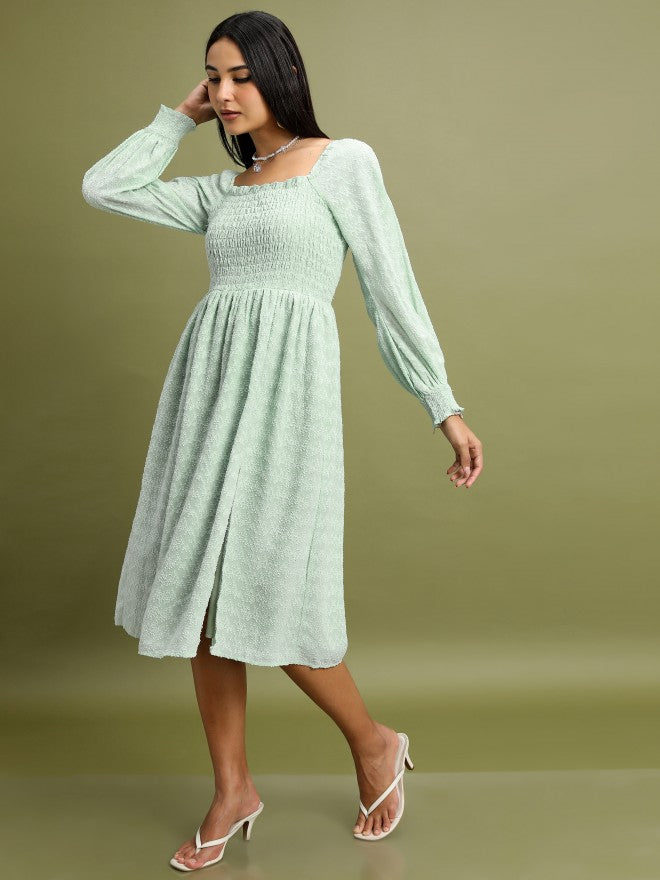 Tokyo Talkies Women Green Self Design Fit And Flare Dress - Green - Image 2