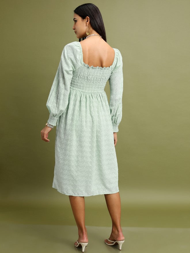 Tokyo Talkies Women Green Self Design Fit And Flare Dress - Green - Image 3