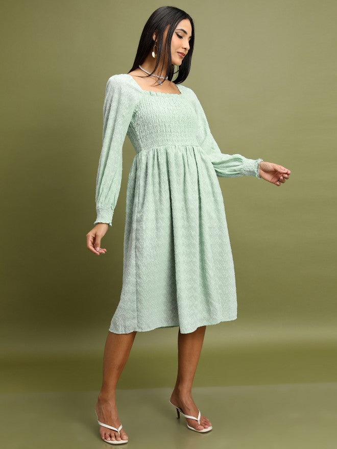 Tokyo Talkies Women Green Self Design Fit And Flare Dress - Green - Image 4